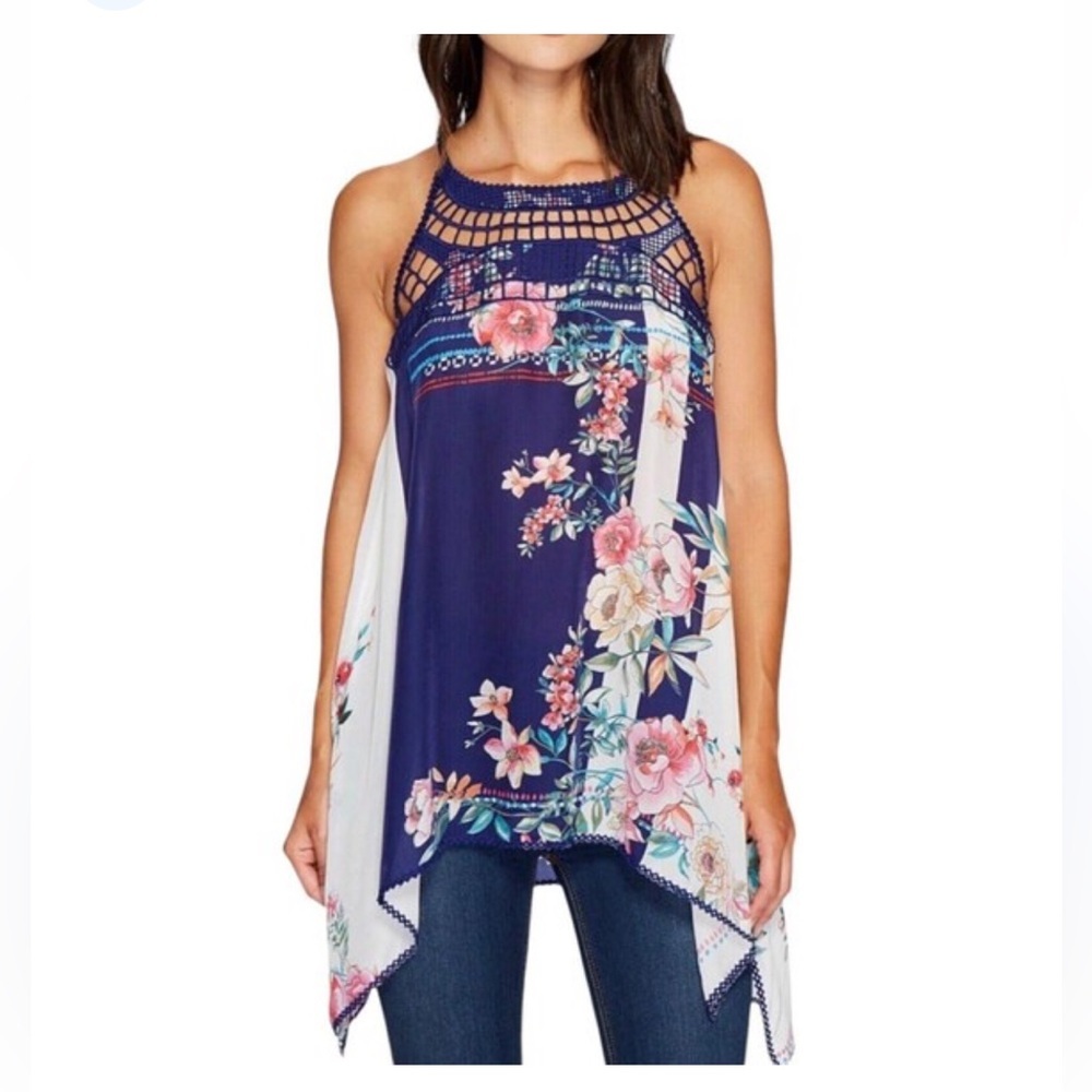 Johnny Was Floral Navy and Cream butterfly handkerchief style Tank Top